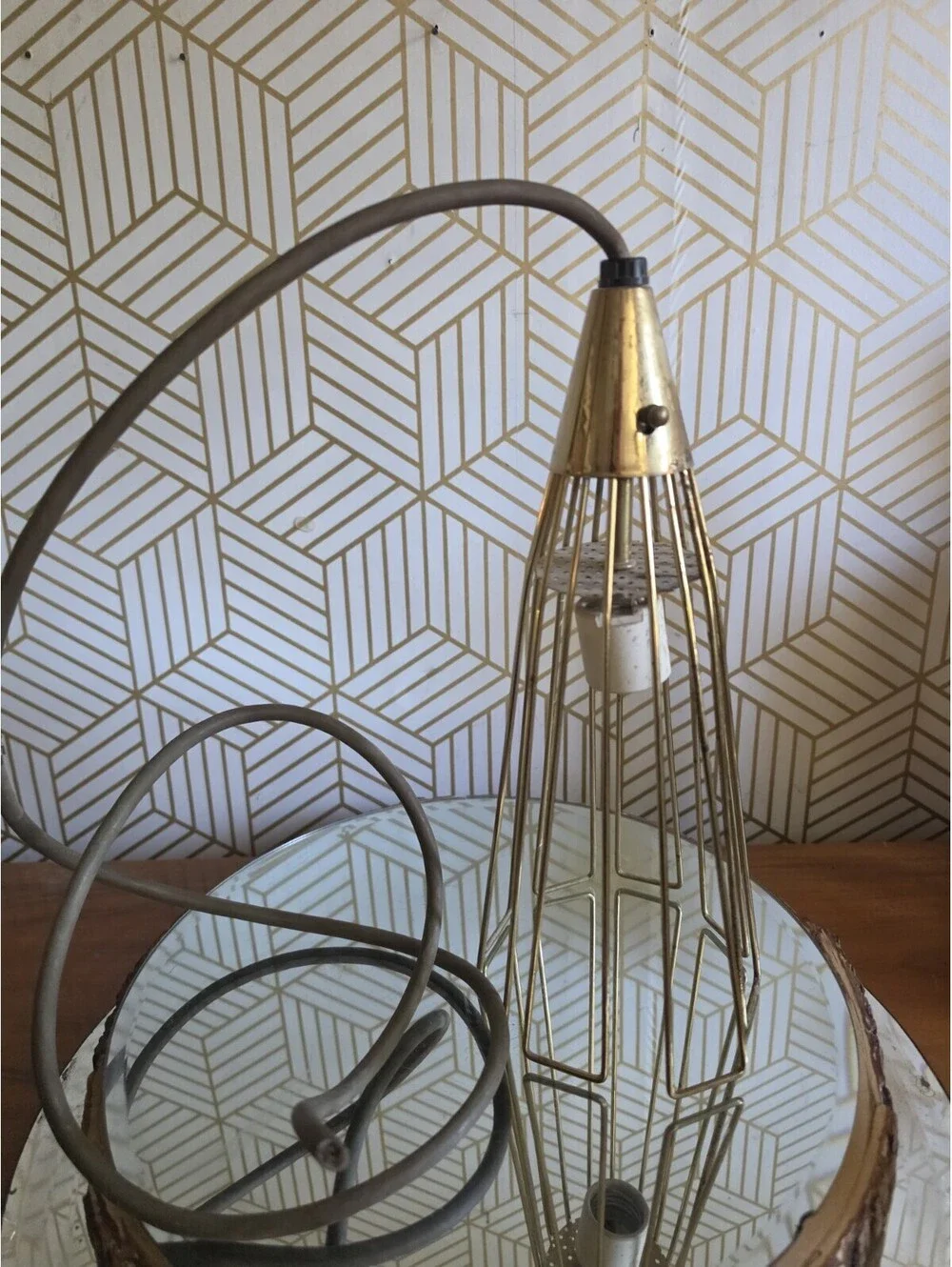 Vintage Midcentury Atomic Conical Wire Gold Cage Pendant Light Hanging Swag 50's